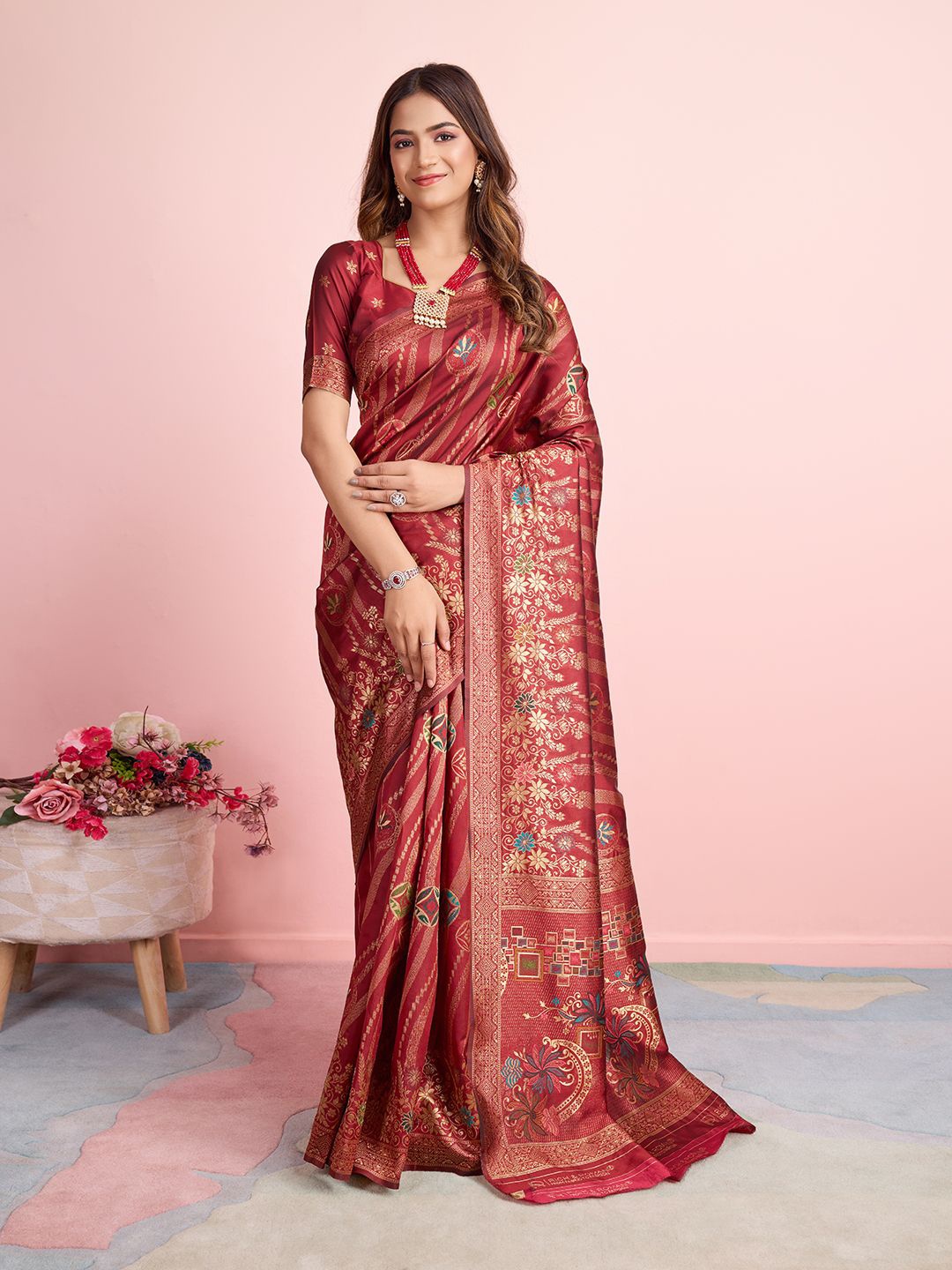 

RICH & ROMAN Ethnic Motif Zari Woven Pure Silk Saree, Maroon