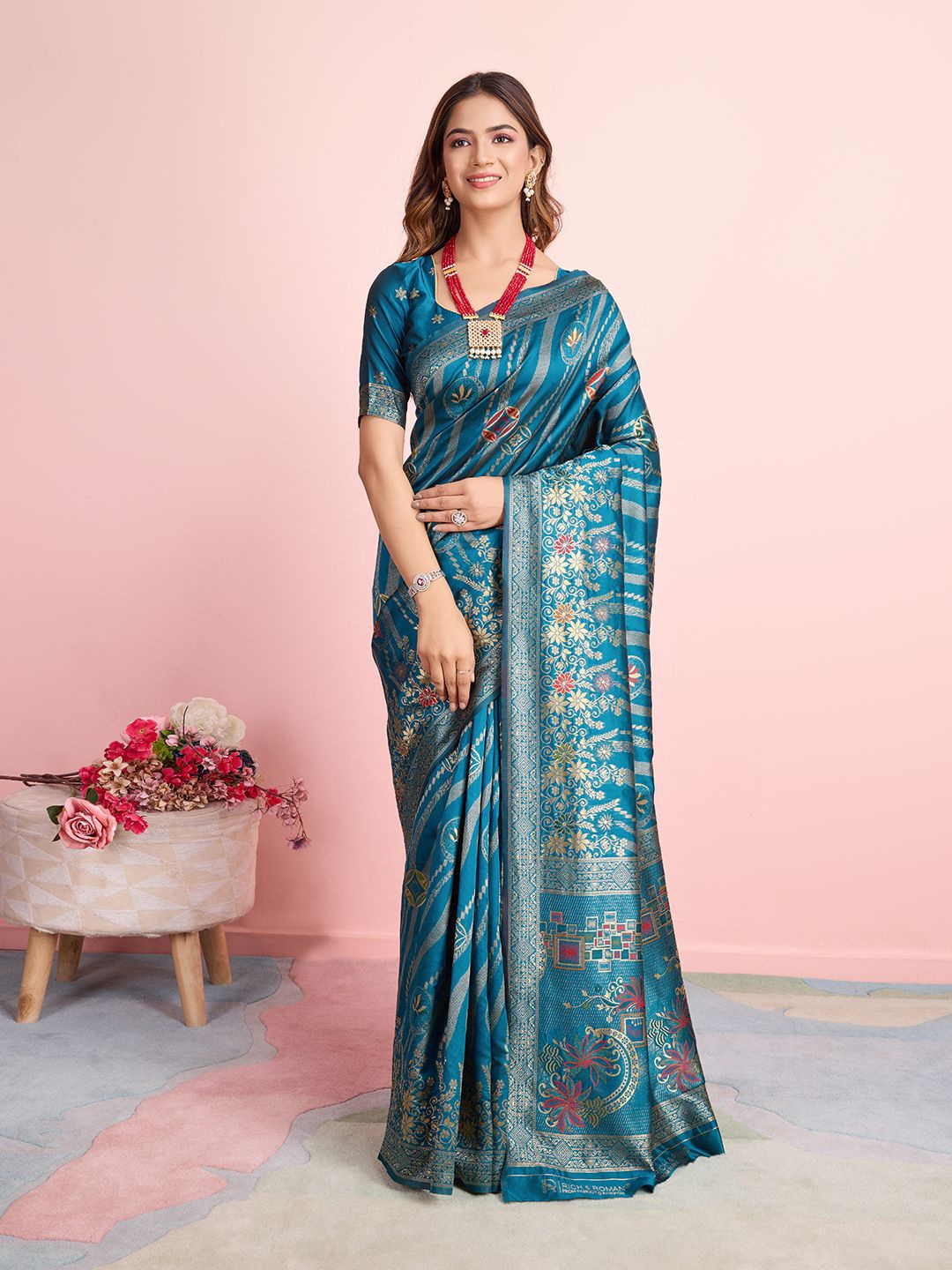 

RICH & ROMAN Ethnic Motif Zari Woven Pure Silk Saree, Teal