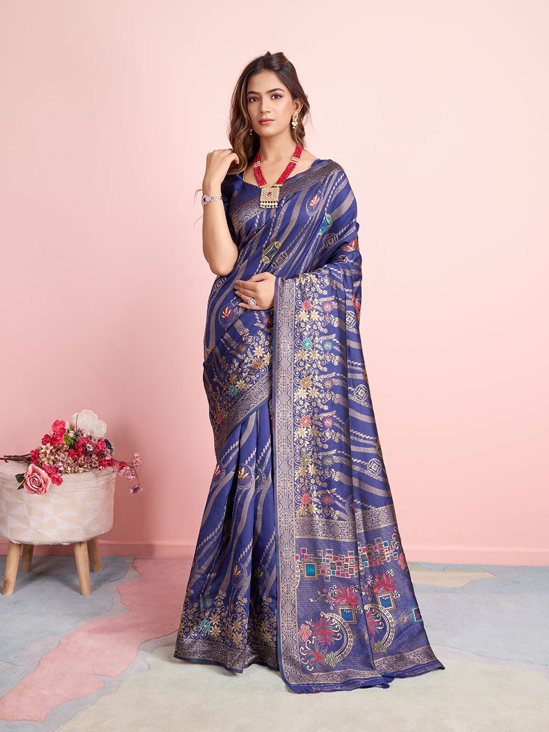 

RICH & ROMAN Ethnic Motifs Zari Pure Silk Banarasi Saree, Blue