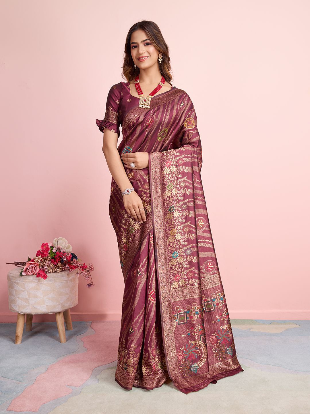 

RICH & ROMAN Ethnic Motifs Zari Pure Silk Banarasi Saree, Burgundy