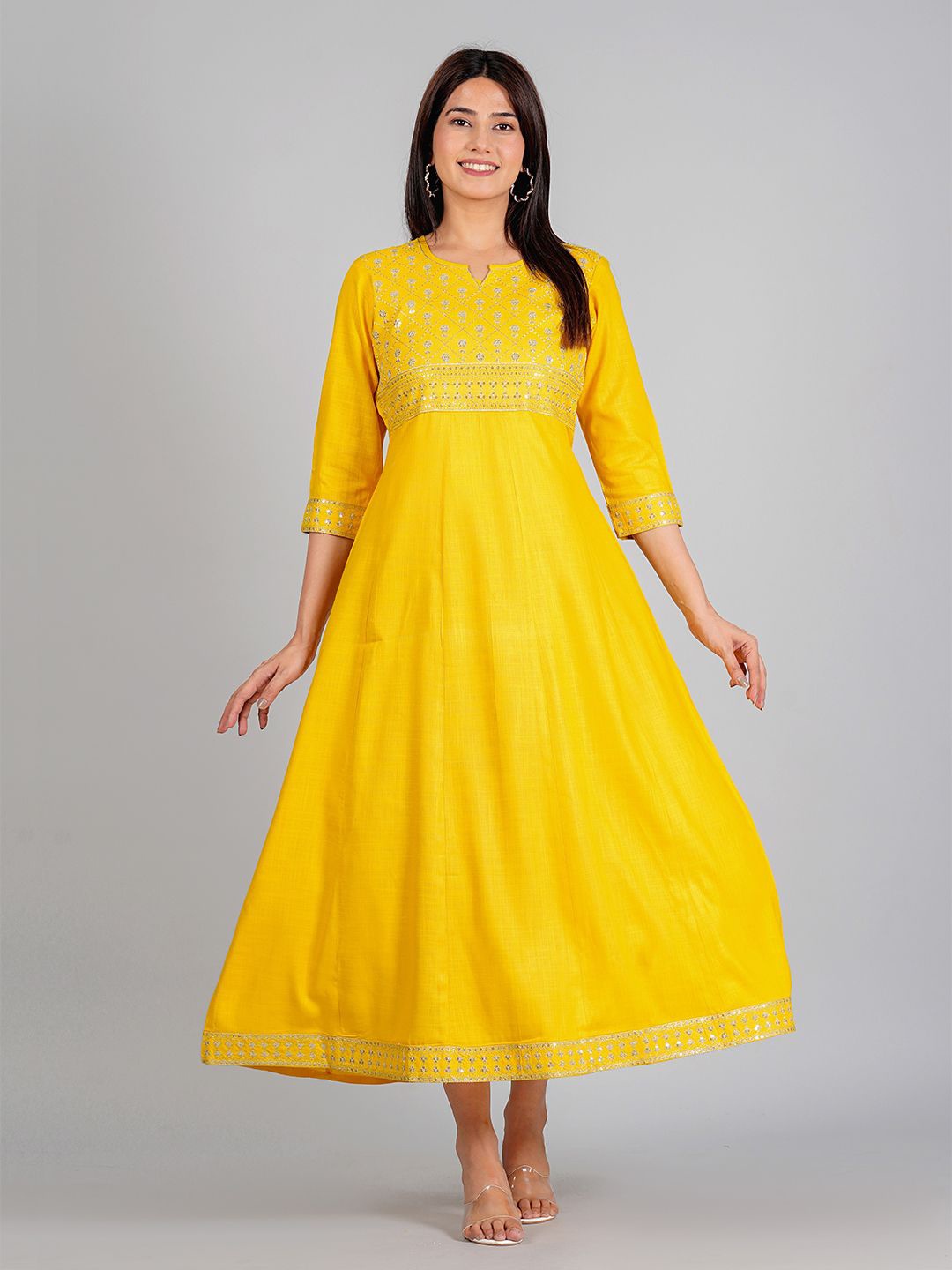 

Radhika Fashion Sequined Embroidered Fit and Flare Ethnic Dress, Mustard