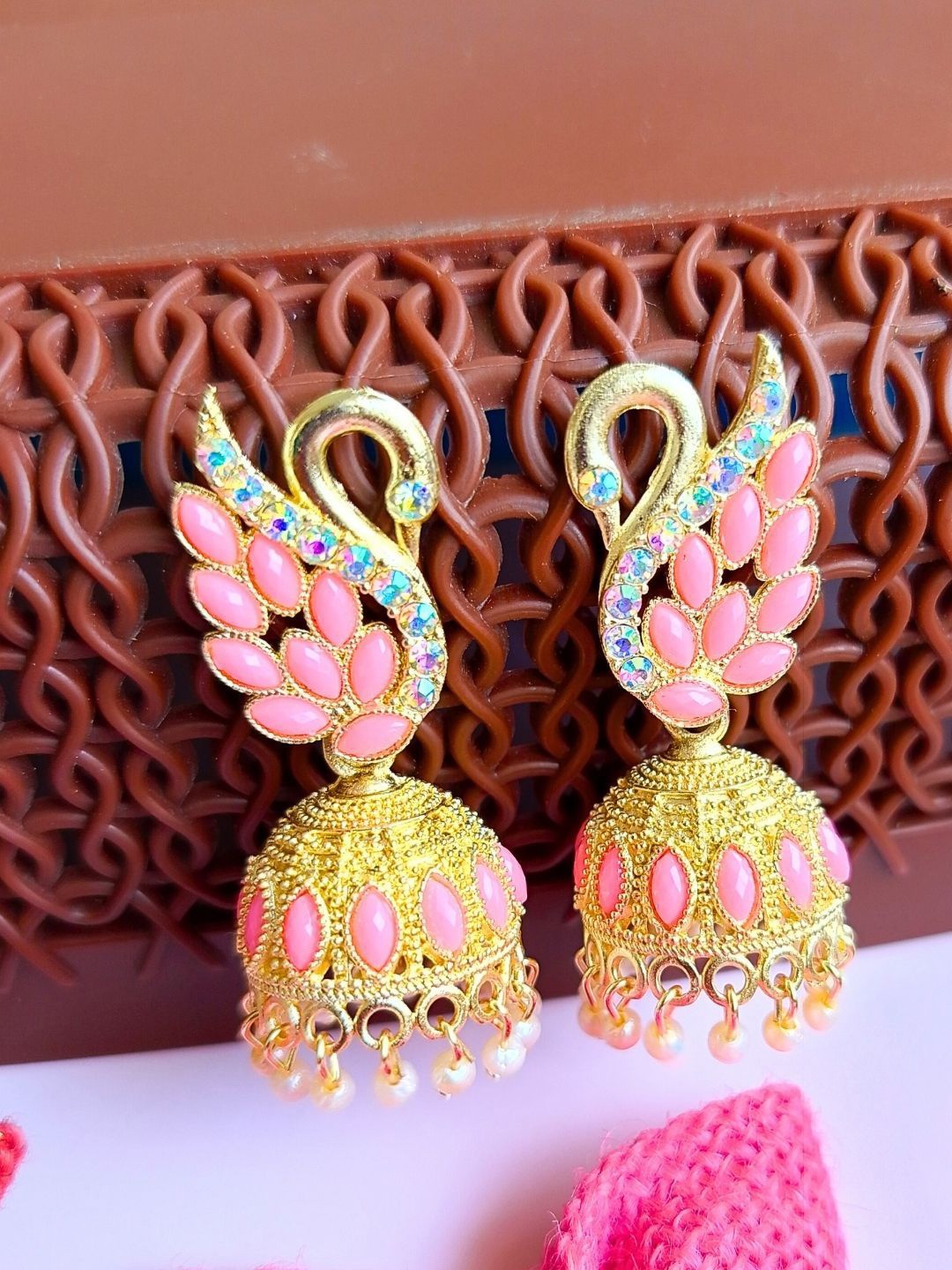 

Anouk Gold-Plated Stone-Studded & Beaded Peacock Shaped Jhumkas