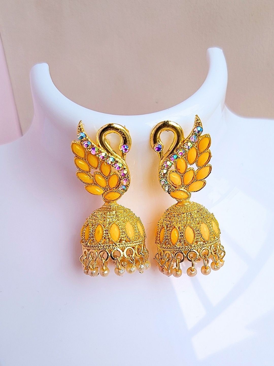 

Anouk Gold-Plated Stone-Studded & Beaded Peacock Shaped Jhumkas