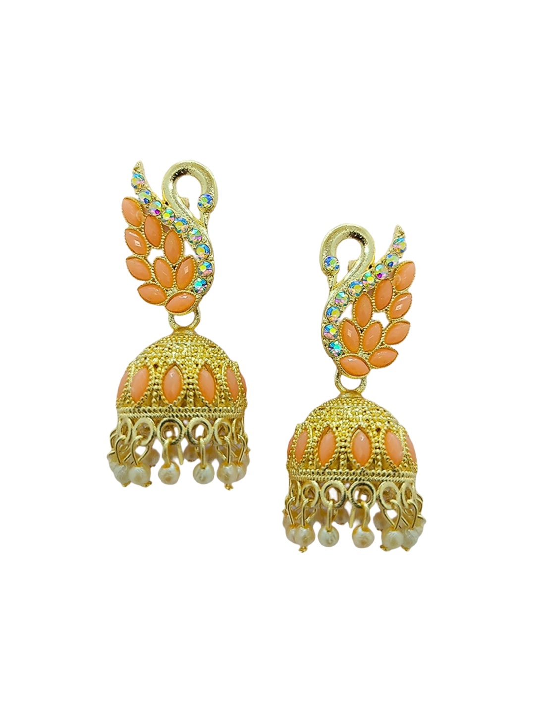 

Anouk Gold-Plated Stone-Studded & Beaded Peacock Shaped Jhumkas