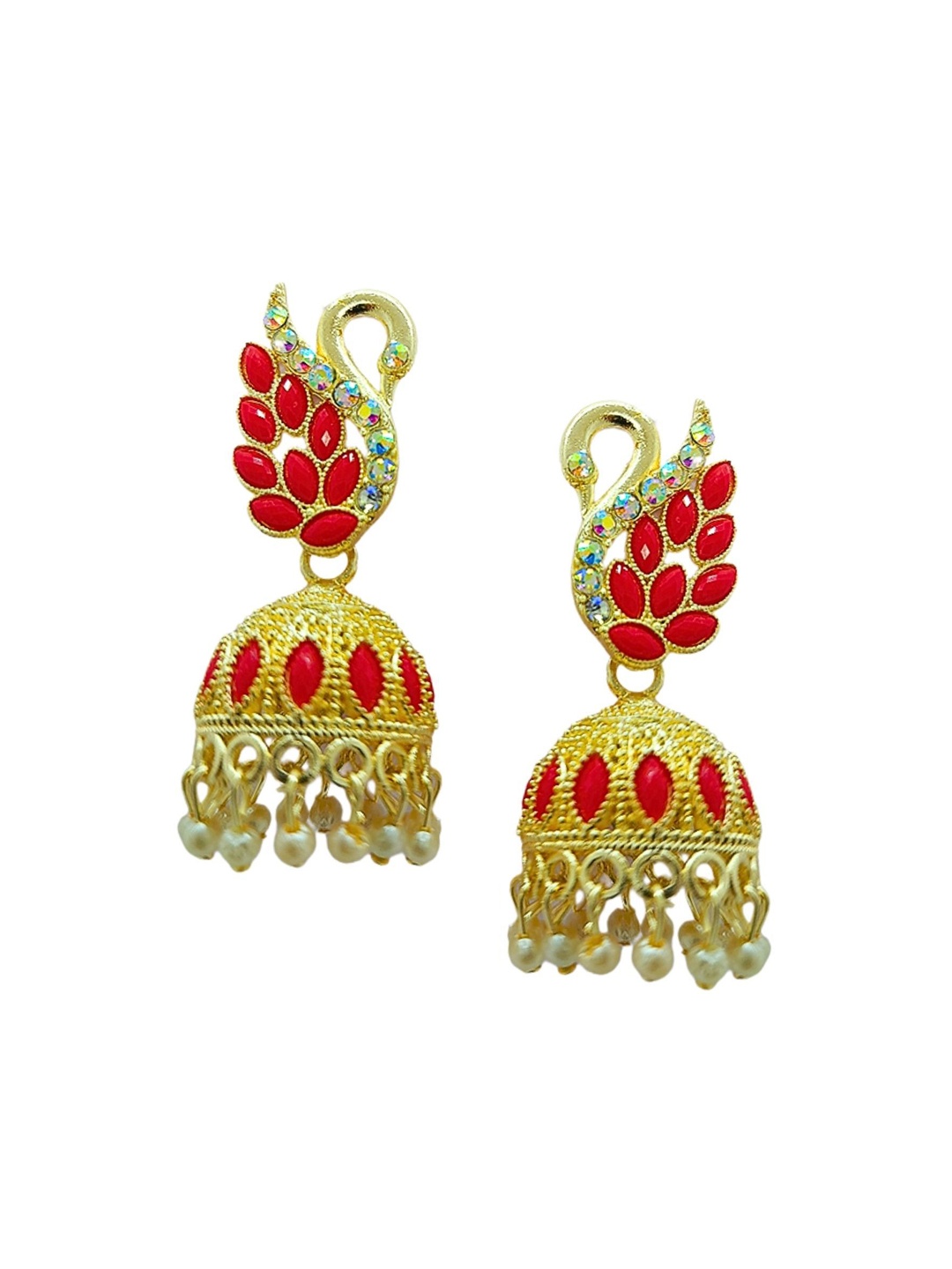 

Anouk Gold-Plated Stone-Studded & Beaded Peacock Shaped Jhumkas