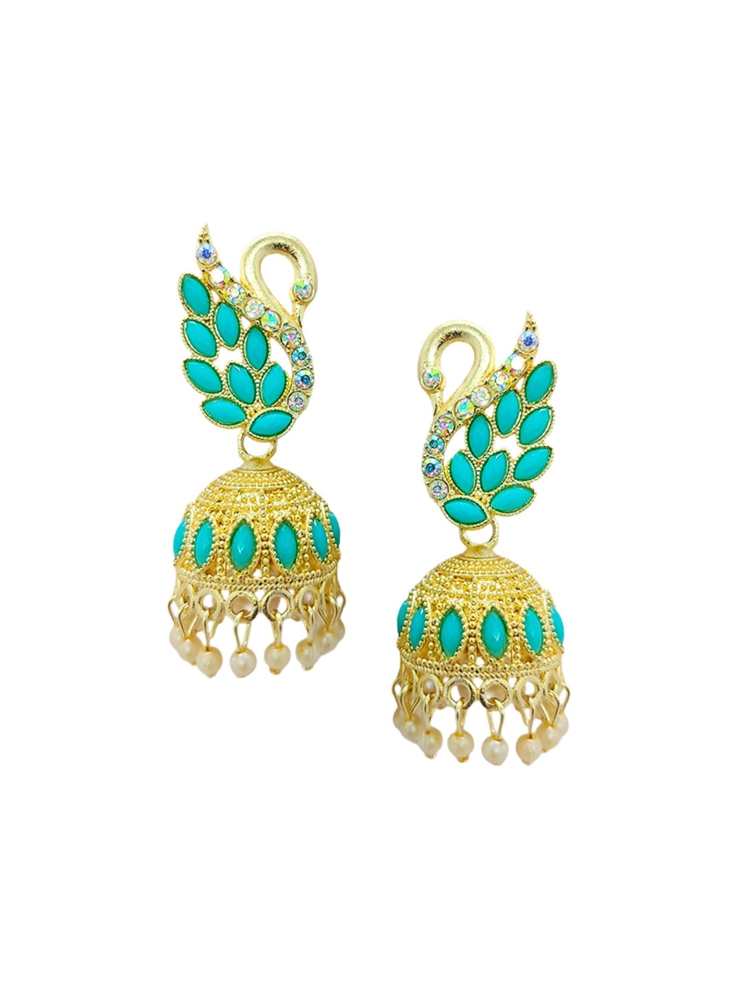 

Anouk Gold-Plated Stone-Studded & Beaded Peacock Shaped Jhumkas