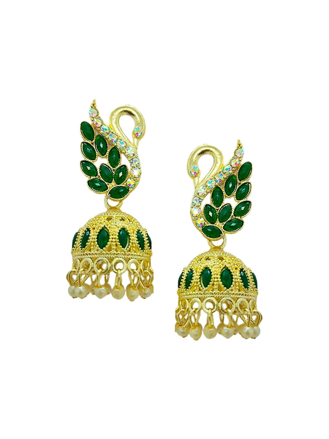 

Anouk Gold-Plated Stone-Studded & Beaded Peacock Shaped Jhumkas