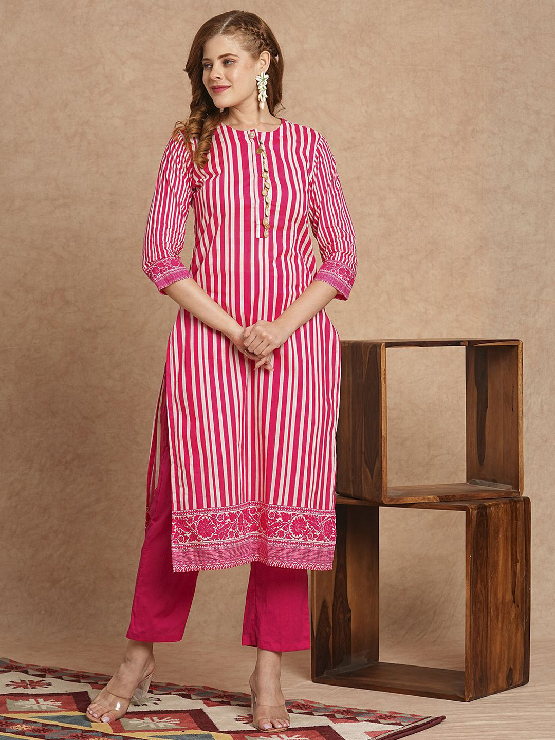 

FASHOR Striped Pure Cotton Straight Kurta With Trouser, Pink
