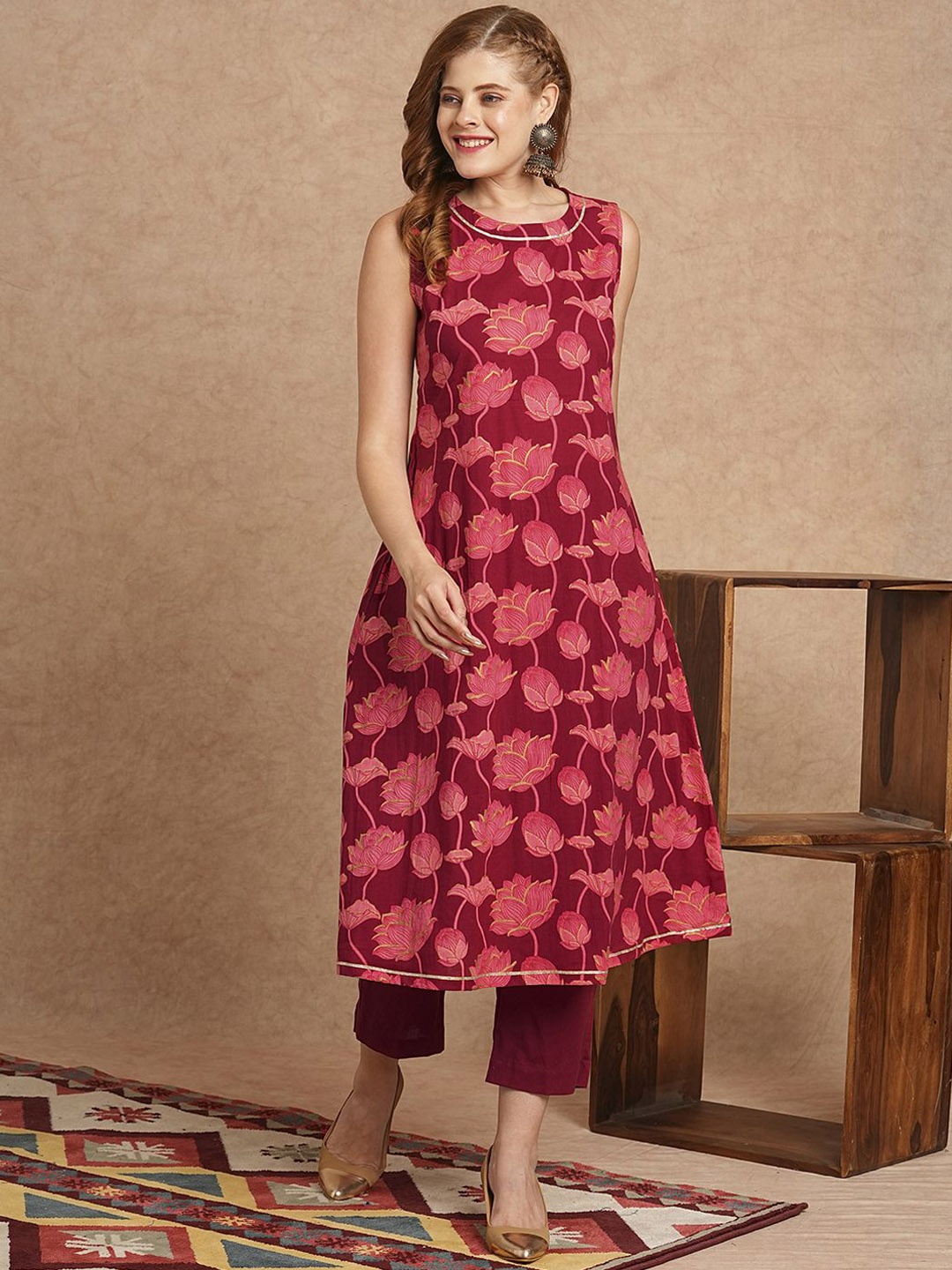 

FASHOR Floral Printed Pure Cotton Tunic With Trouser, Maroon