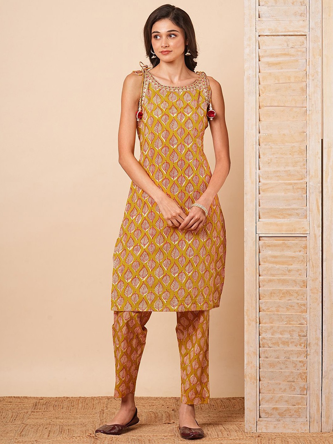 

FASHOR Printed & Embroidered Round Neck Pure Cotton Tunic With Trousers, Mustard