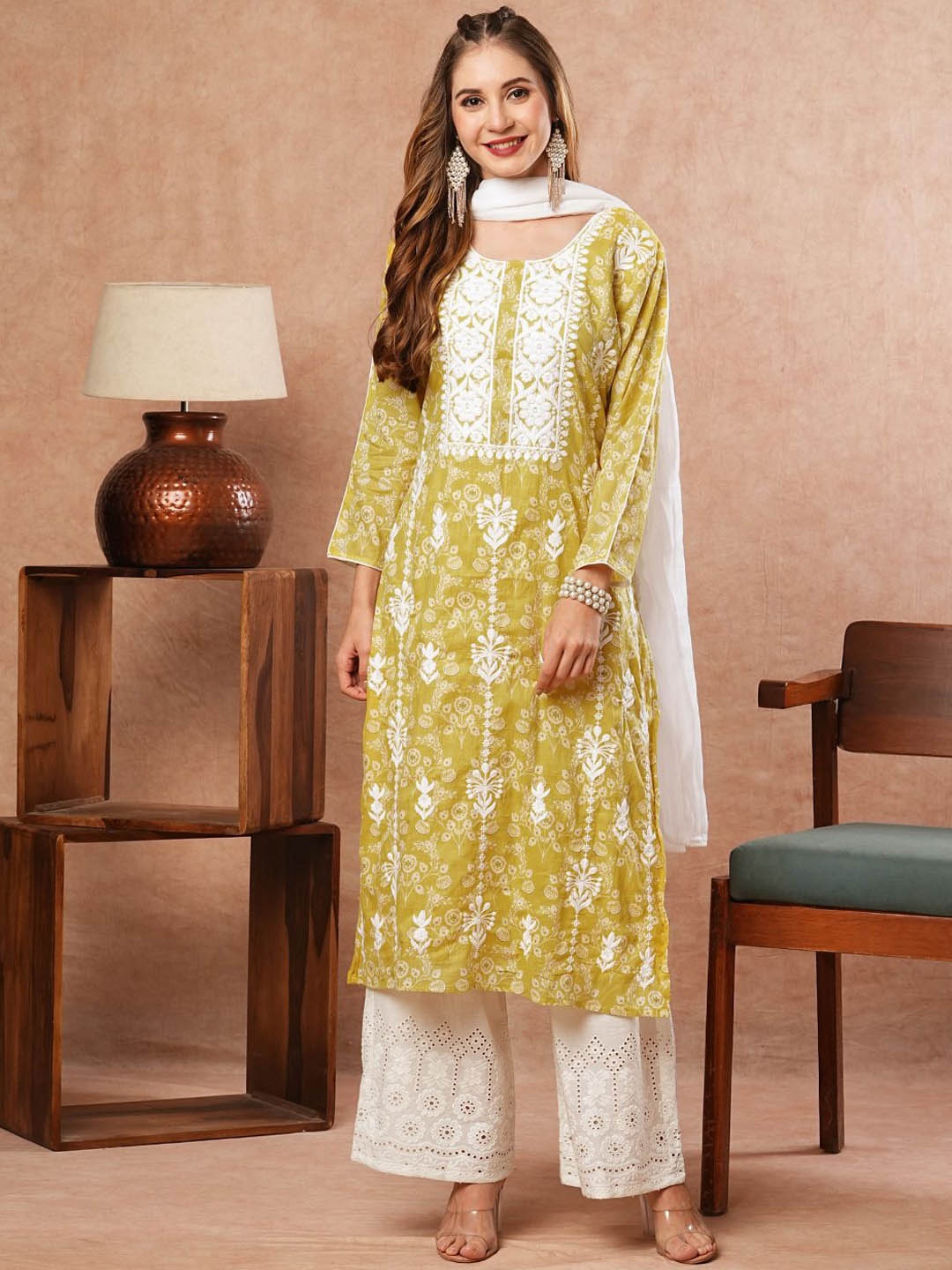 

FASHOR Floral Printed Thread Work Pure Cotton Straight Kurta With Palazzos & Dupatta, Yellow