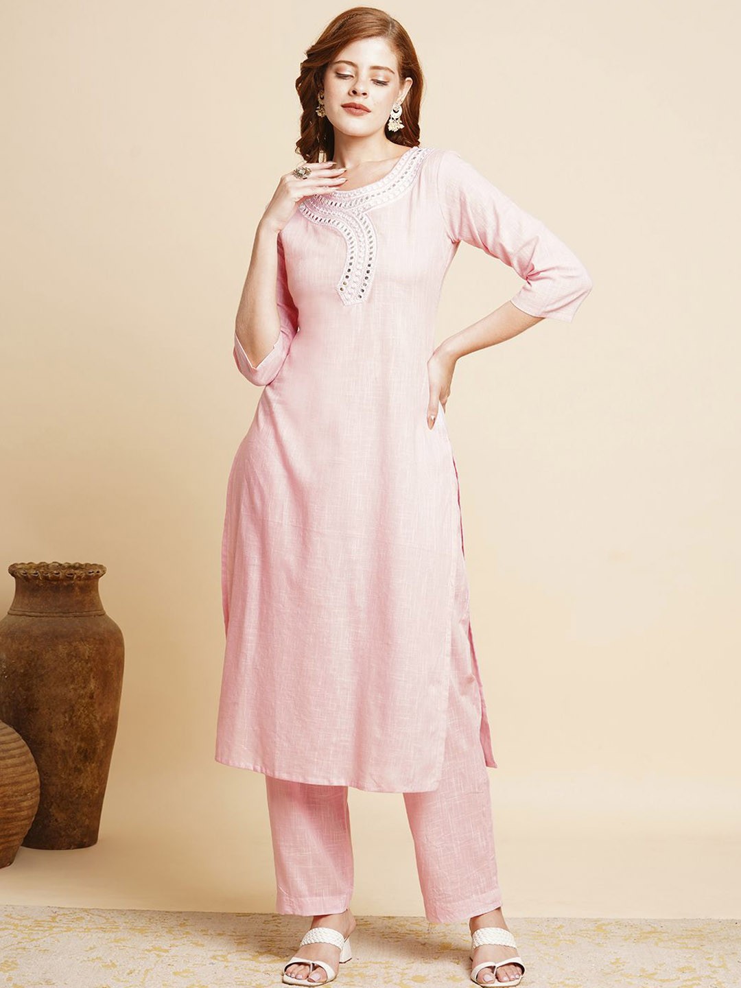 

FASHOR Mirror Work Pure Cotton Straight Kurta With Trouser, Pink