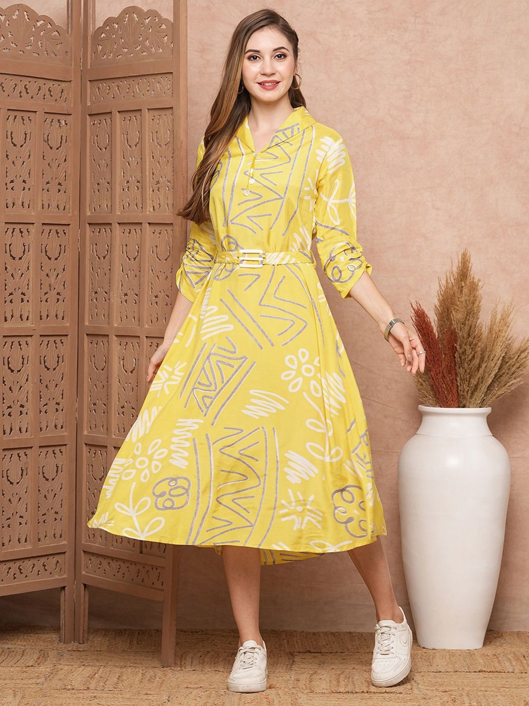 

FASHOR Ethnic Motifs Print A-Line Midi Dress, Yellow