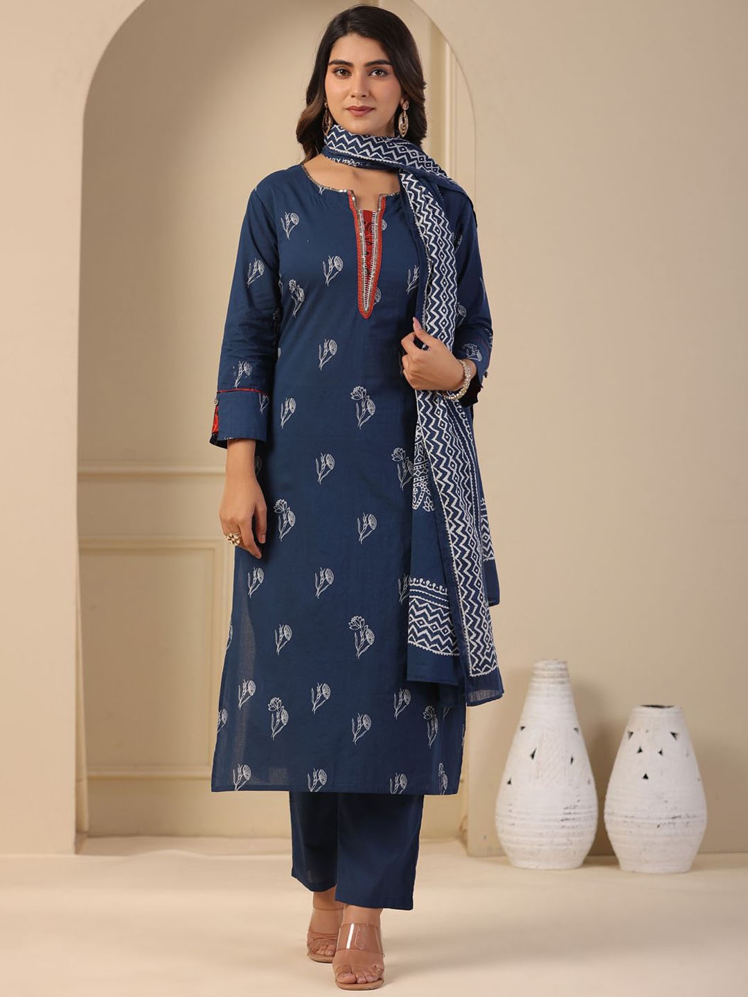 

FASHOR Floral Printed Sequinned Pure Cotton Straight Kurta With Trousers & Dupatta, Blue