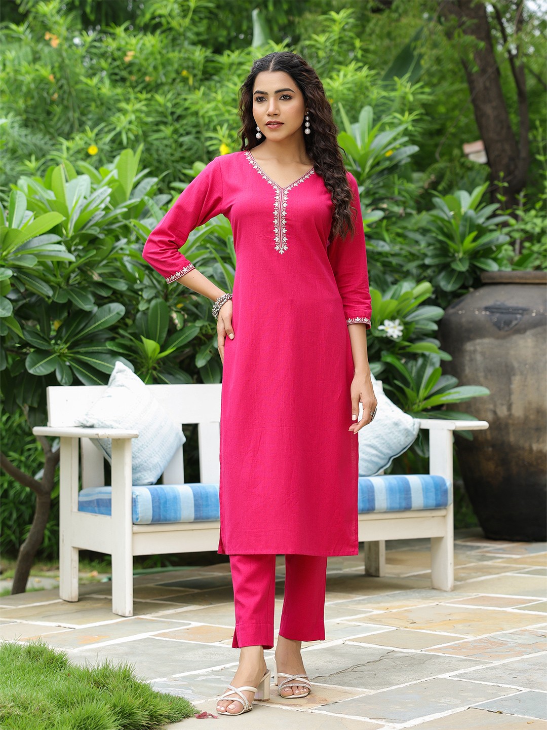 

FASHOR Floral Yoke Design Pure Cotton Straight Kurta With Trouser, Purple