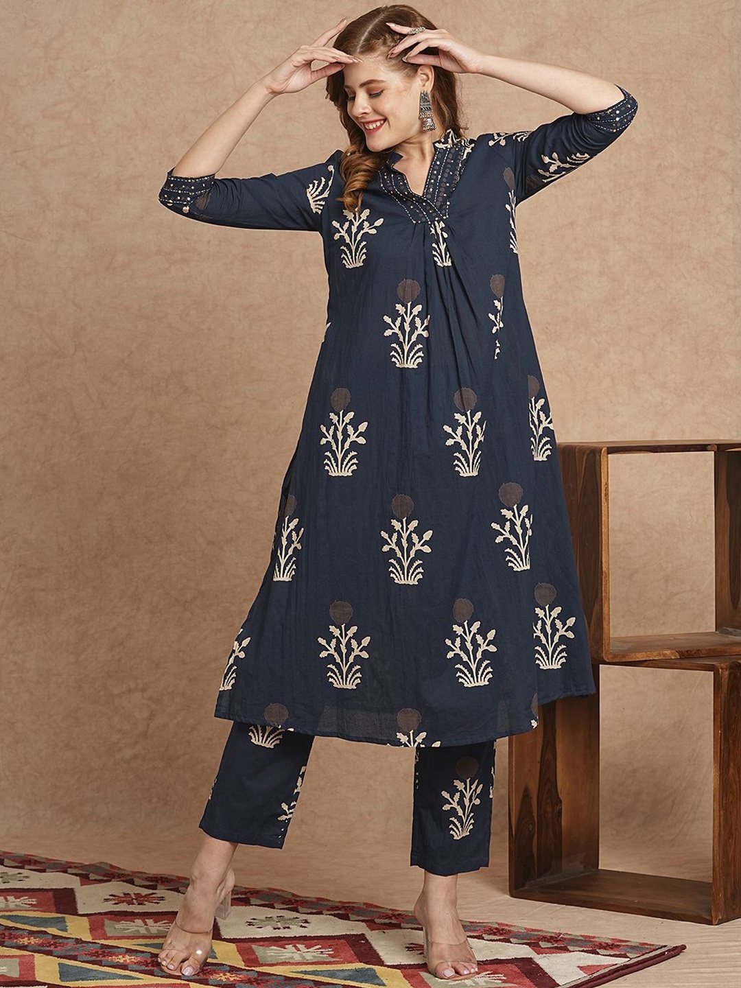 

FASHOR Floral Printed Mandarin Collar Pure Cotton Tunic With Trouser, Navy blue