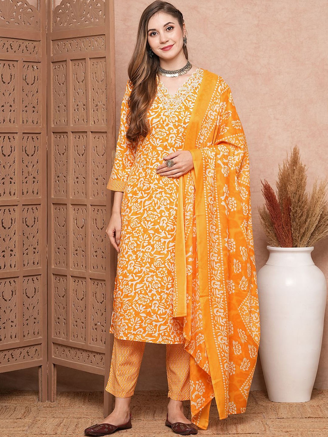 FASHOR Floral Printed Straight Kurta With Trouser & Dupatta, Mustard