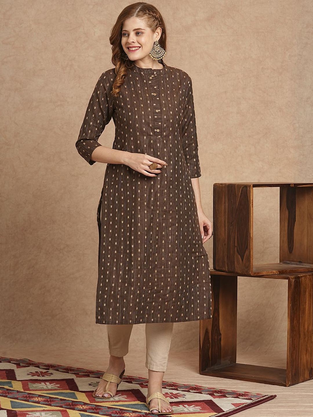 

FASHOR Ethnic Motifs Woven Design Mandarin Collar Pure Cotton Straight Kurta With Trouser, Brown