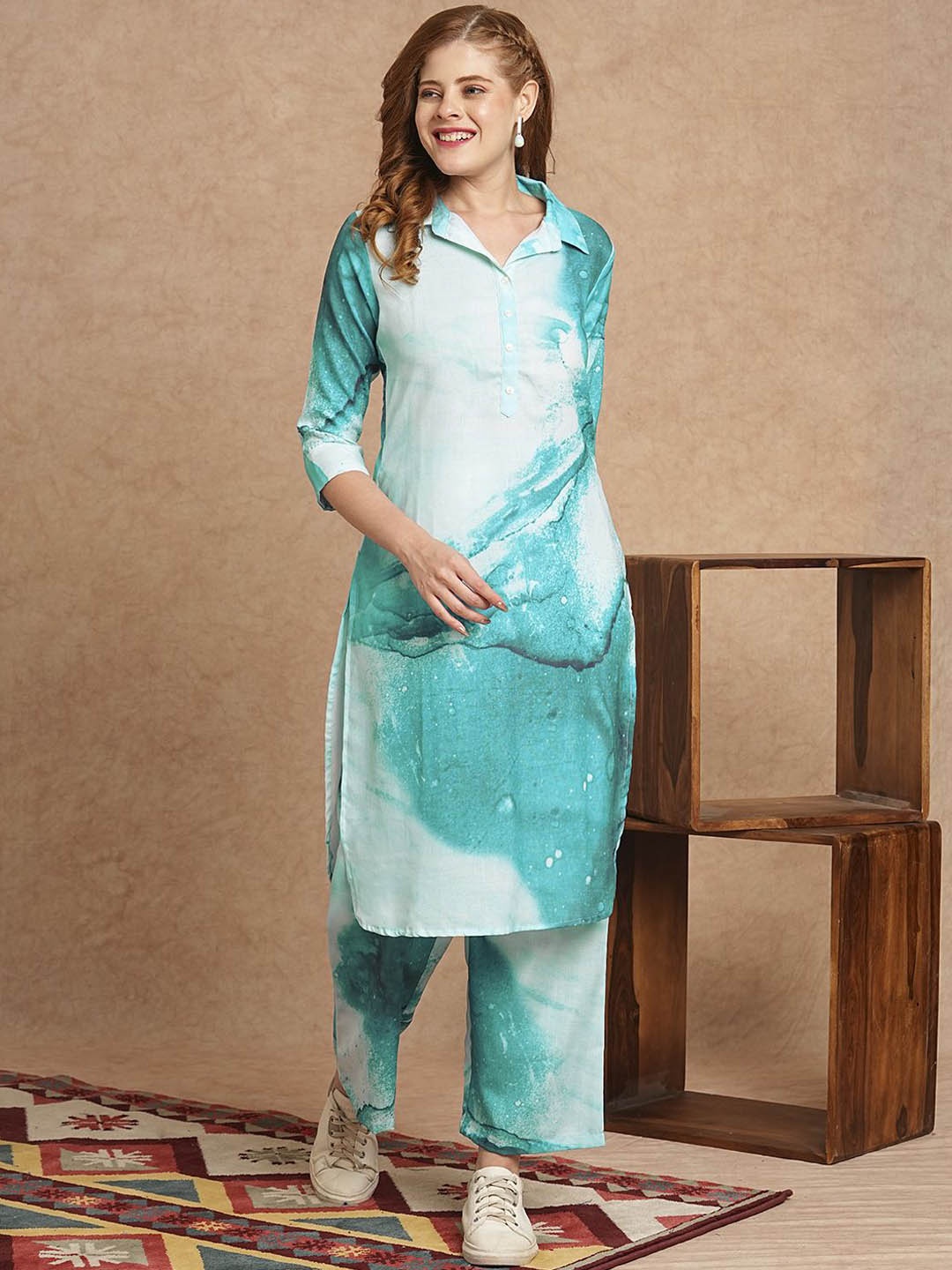 

FASHOR Printed Shirt Collar Pure Cotton Tunic With Palazzo, Blue