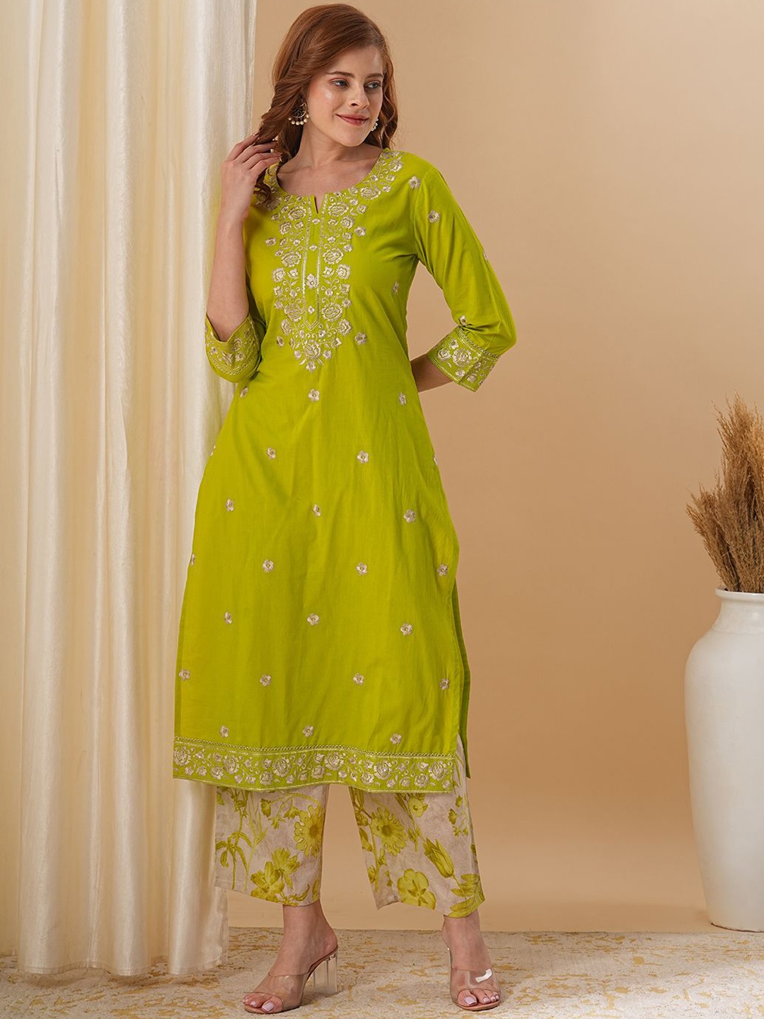 

FASHOR Floral Embroidered Sequinned Pure Cotton A-Line Kurta With Palazzos, Lime green
