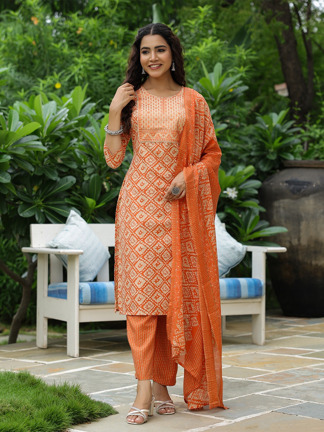 

FASHOR Geometric Printed Thread Work Kurta With Trousers & Dupatta, Orange