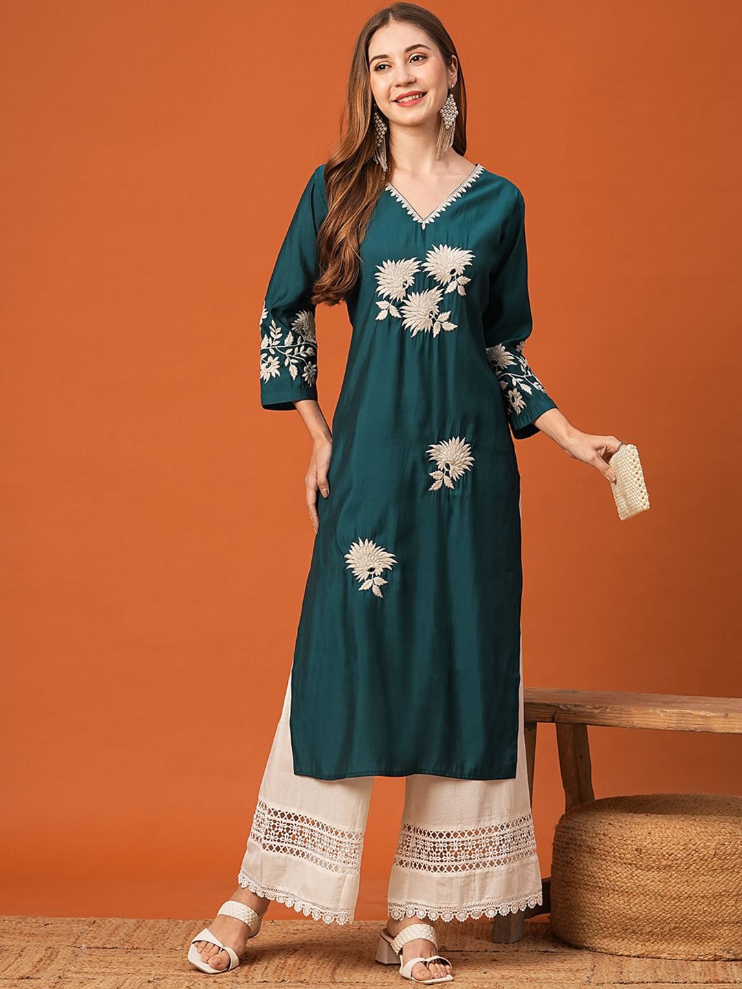 

FASHOR Floral Embroidered Straight Kurta, Teal
