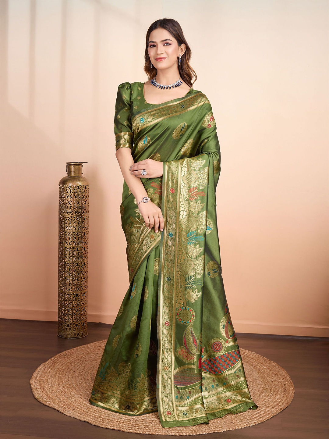 

RICH & ROMAN Woven Design Zari Pure Silk Banarasi Saree, Olive