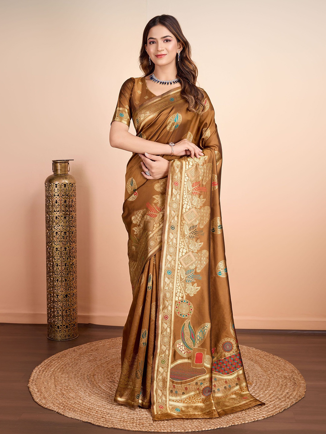 

RICH & ROMAN Ethnic Motifs Zari Pure Silk Banarasi Saree, Mustard