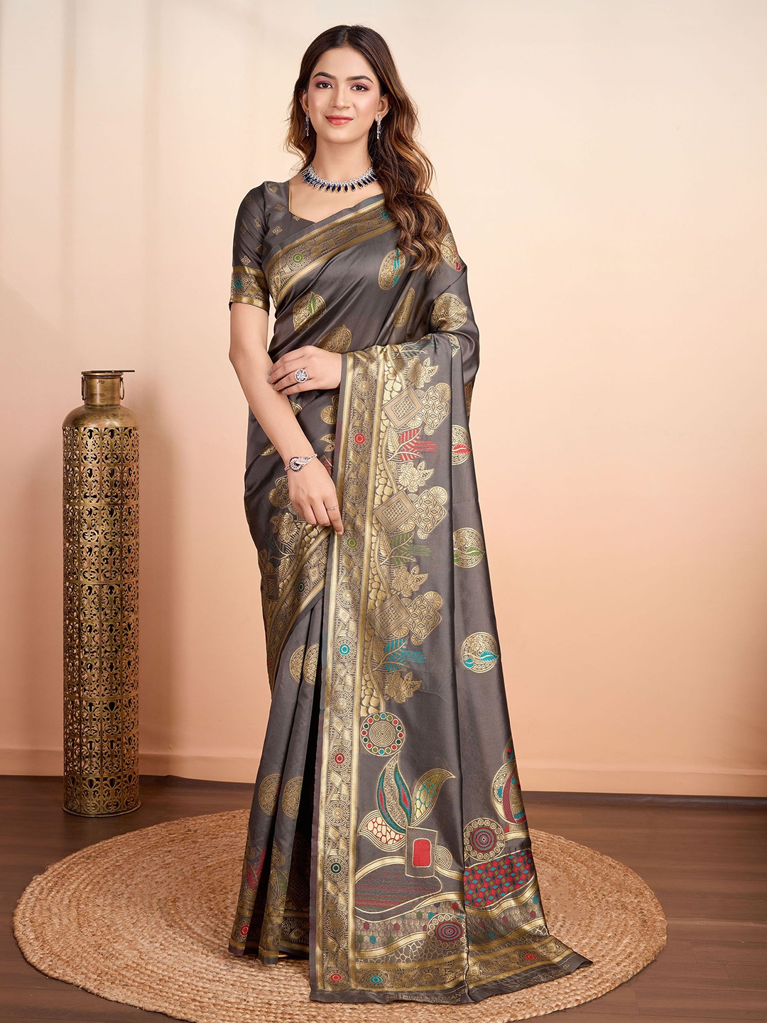 

RICH & ROMAN Ethnic Motifs Zari Pure Silk Banarasi Saree, Grey