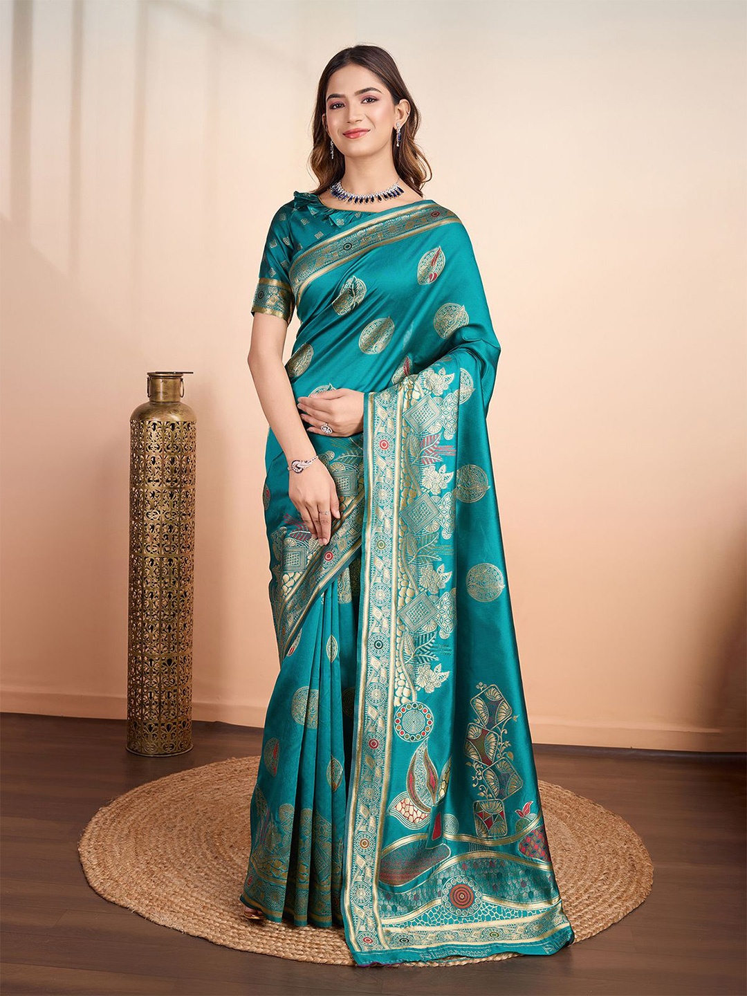 

RICH & ROMAN Woven Design Zari Pure Silk Banarasi Saree, Teal
