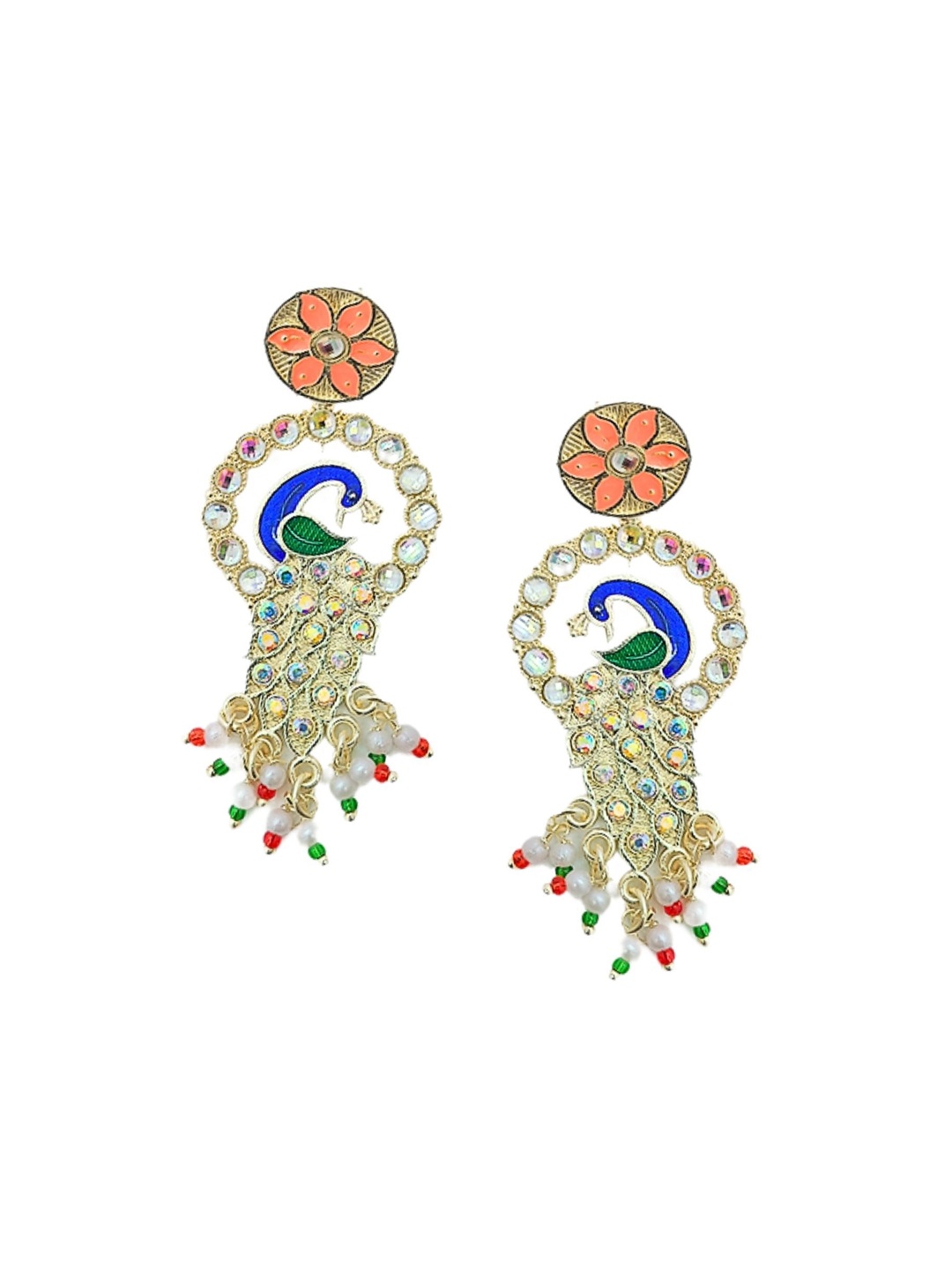 

Anouk Gold-Plated Stone-Studded & Beaded Peacock Shaped Drop Earrings