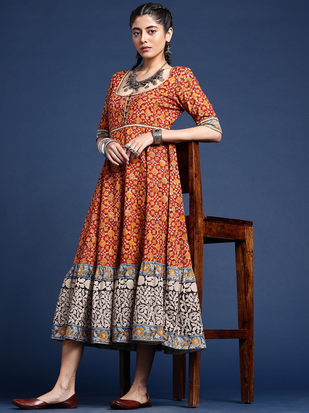 

Taavi Floral Printed Gathered or Pleated Kalamkari Ethnic Dresses, Orange