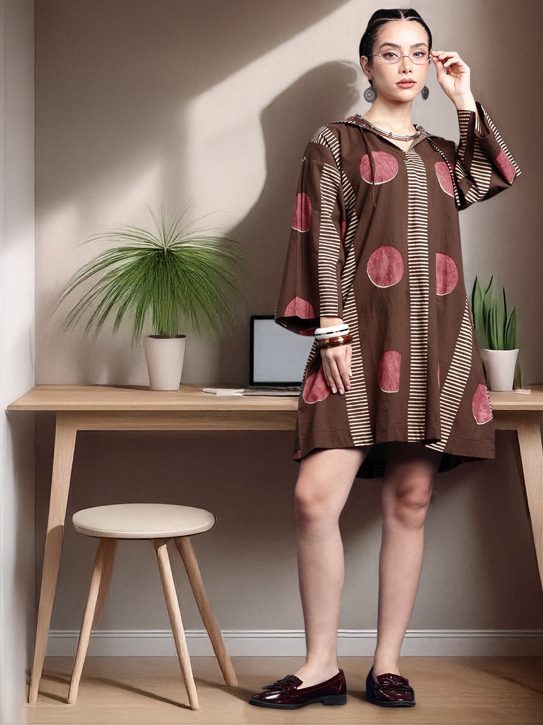 

Taavi Block Print Legacy Geometric Printed Pure Cotton Ethnic Dress, Brown