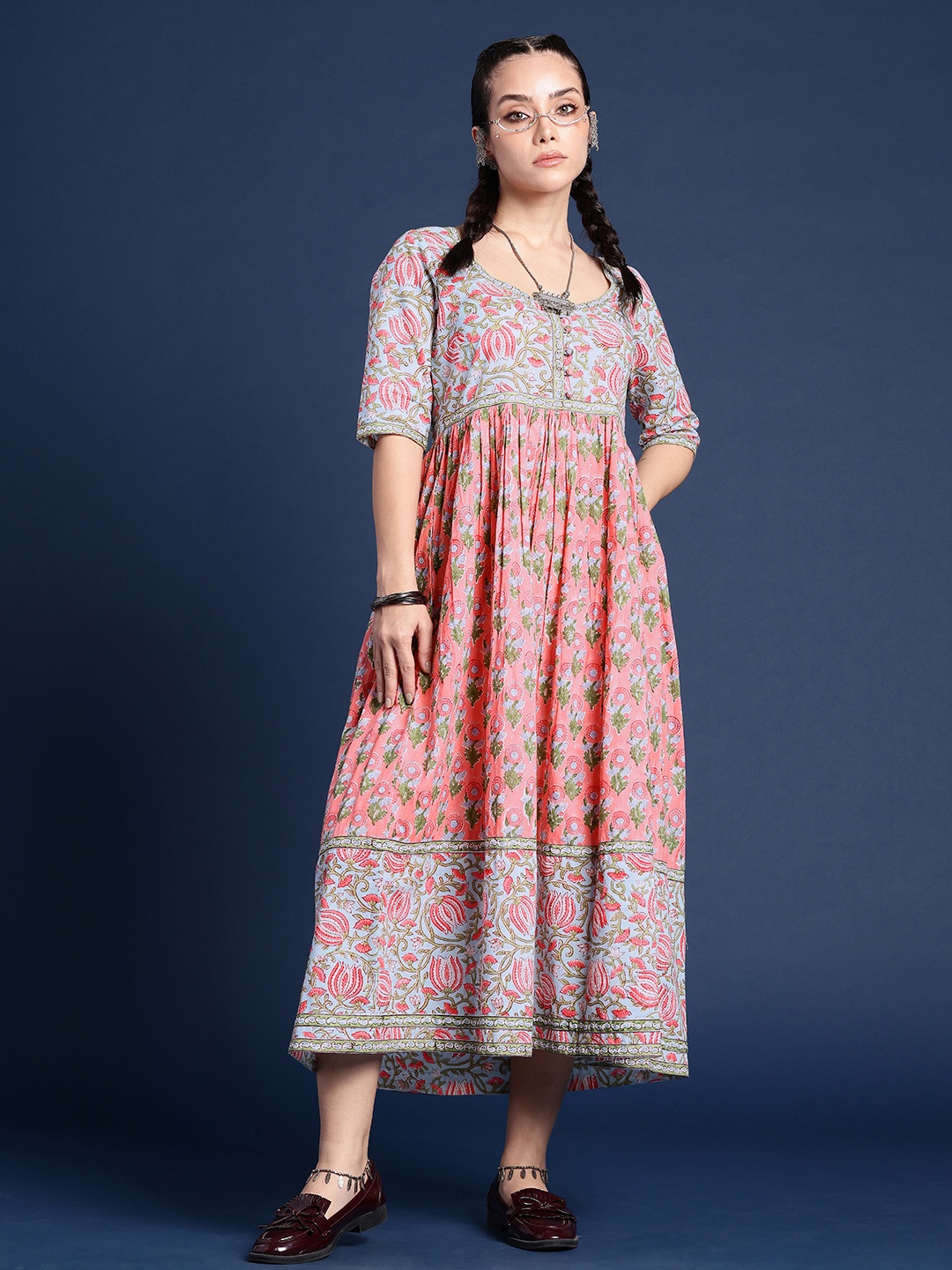 

Taavi Pure Cotton Indie-Floral Print Maxi Sanganeri Folk Ethnic Dress, Peach