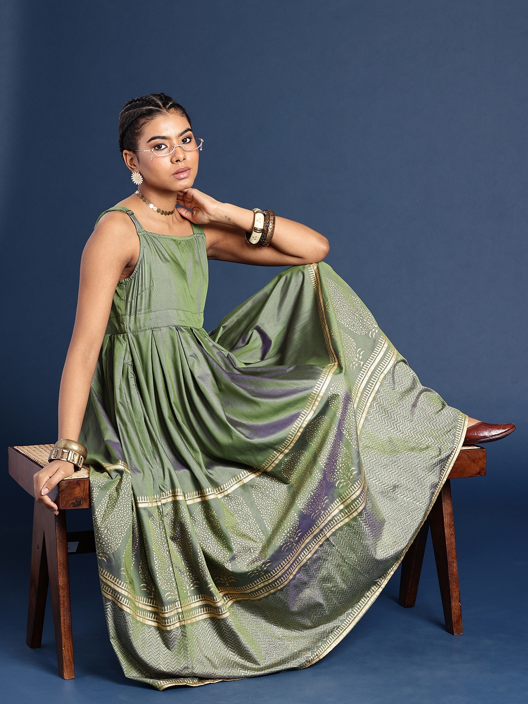 

Taavi Smocked Printed Flared Midi Taavi Festive Ethnic Dresses, Green