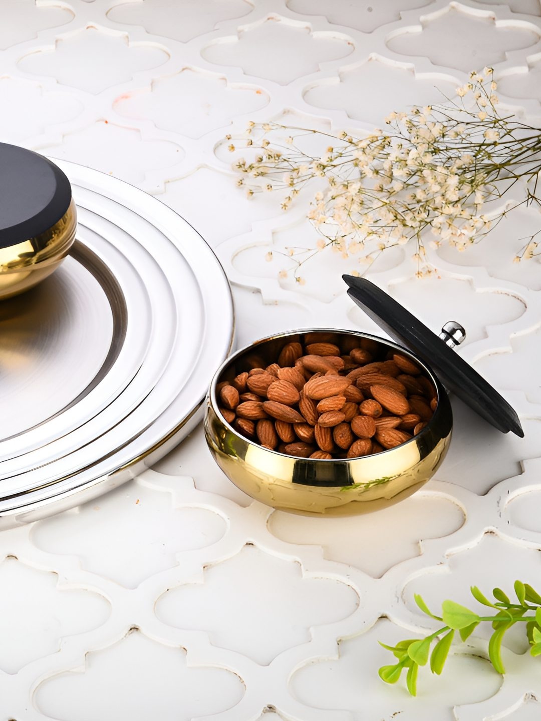 

FNS Gold Toned 3 Pcs Stainless Steel Bowl With Tray