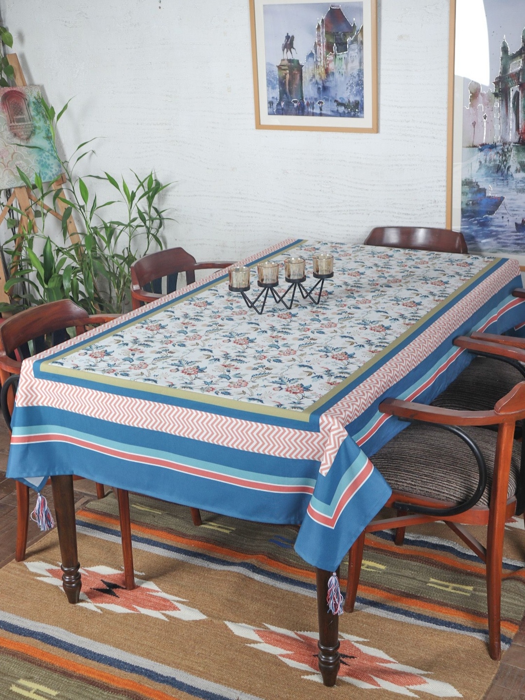 

ZEBA Blue & White Floral Printed Rectangle Shaped Table Cover