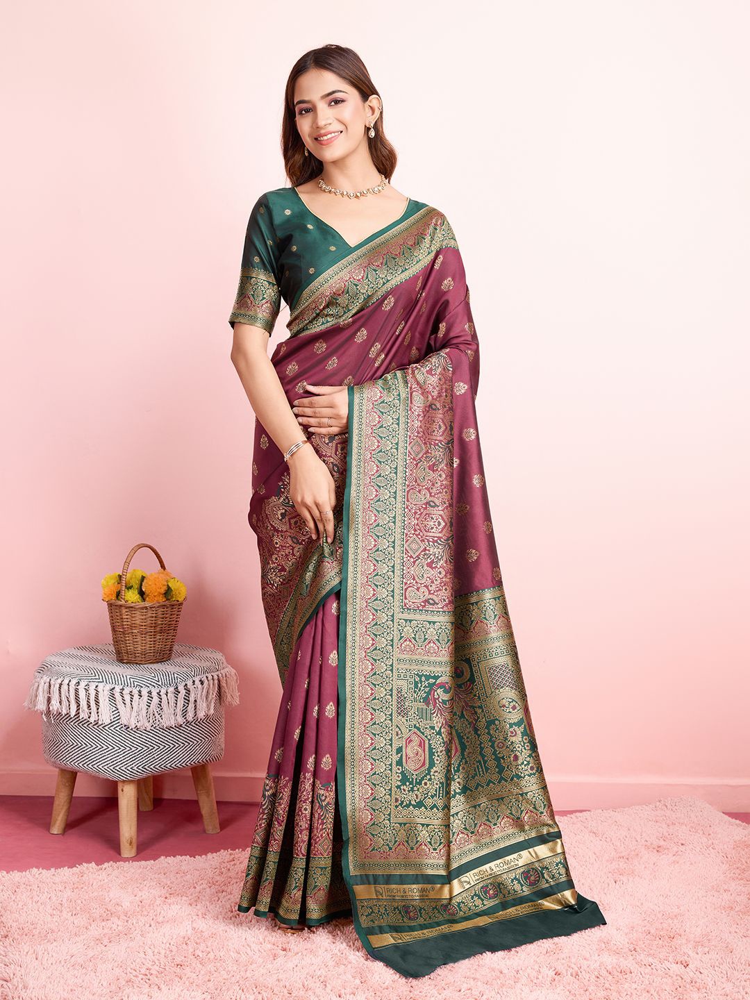 

RICH & ROMAN Ethnic Motifs Zari Pure Silk Banarasi Saree, Burgundy