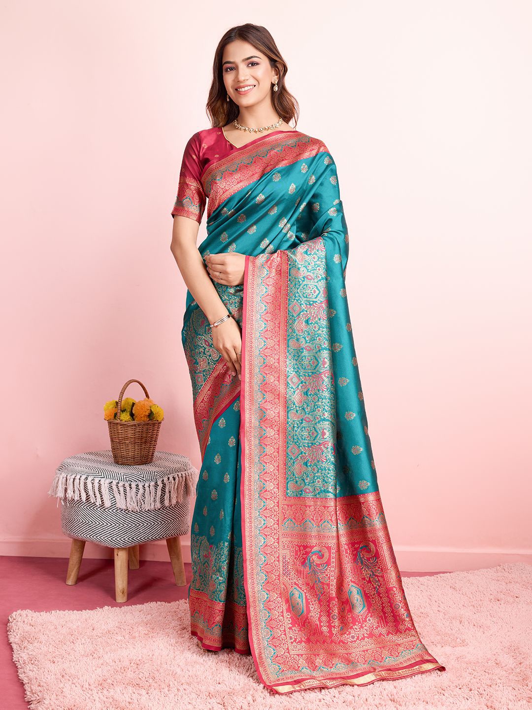 

RICH & ROMAN Woven Design Zari Pure Silk Banarasi Saree, Teal