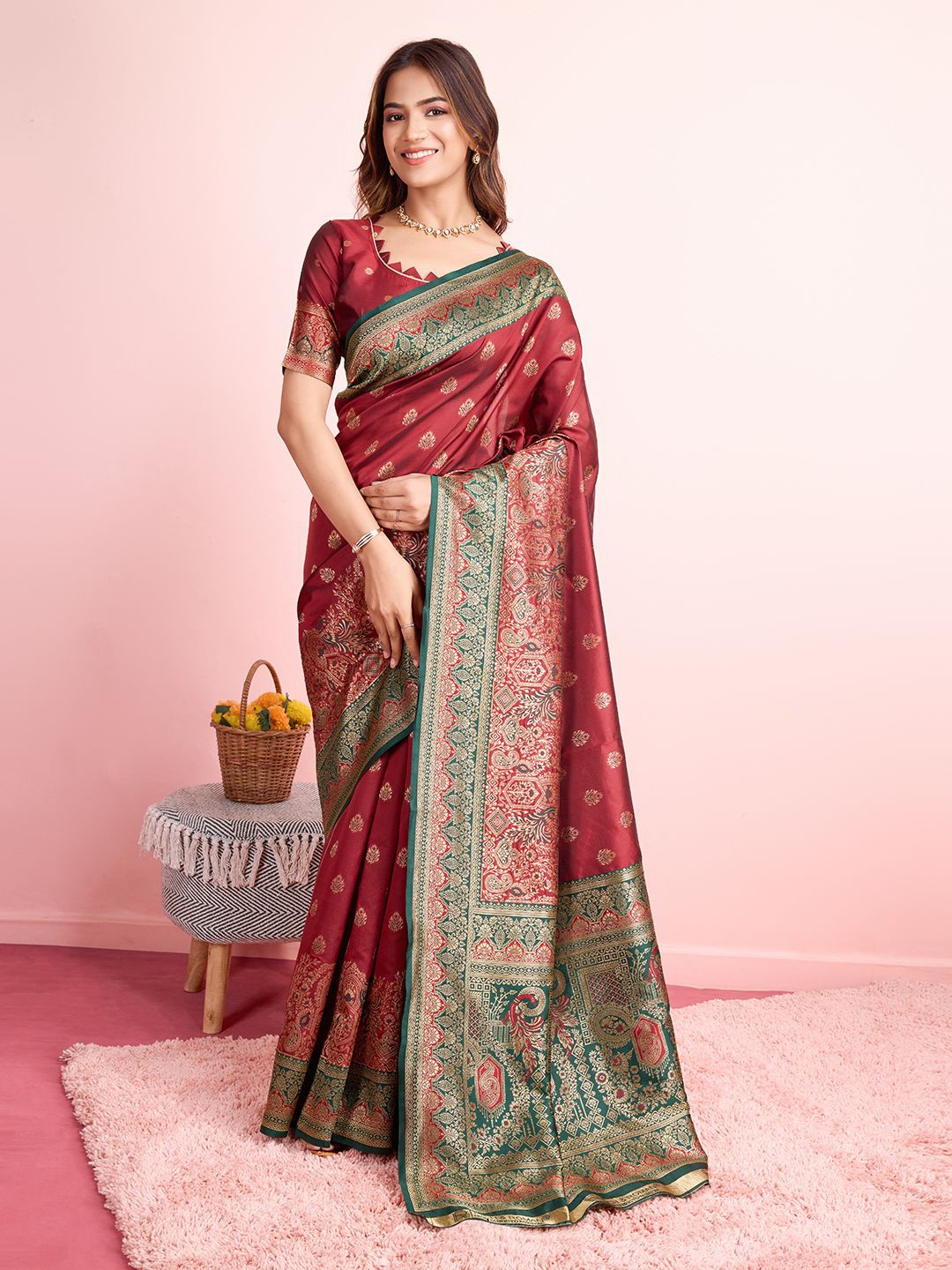 

RICH & ROMAN Woven Design Zari Pure Silk Banarasi Saree, Maroon