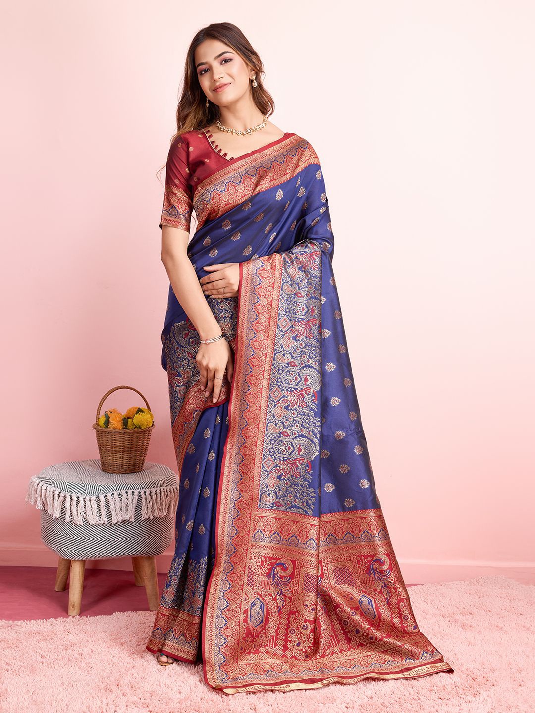 

RICH & ROMAN Woven Design Zari Pure Silk Banarasi Saree, Blue