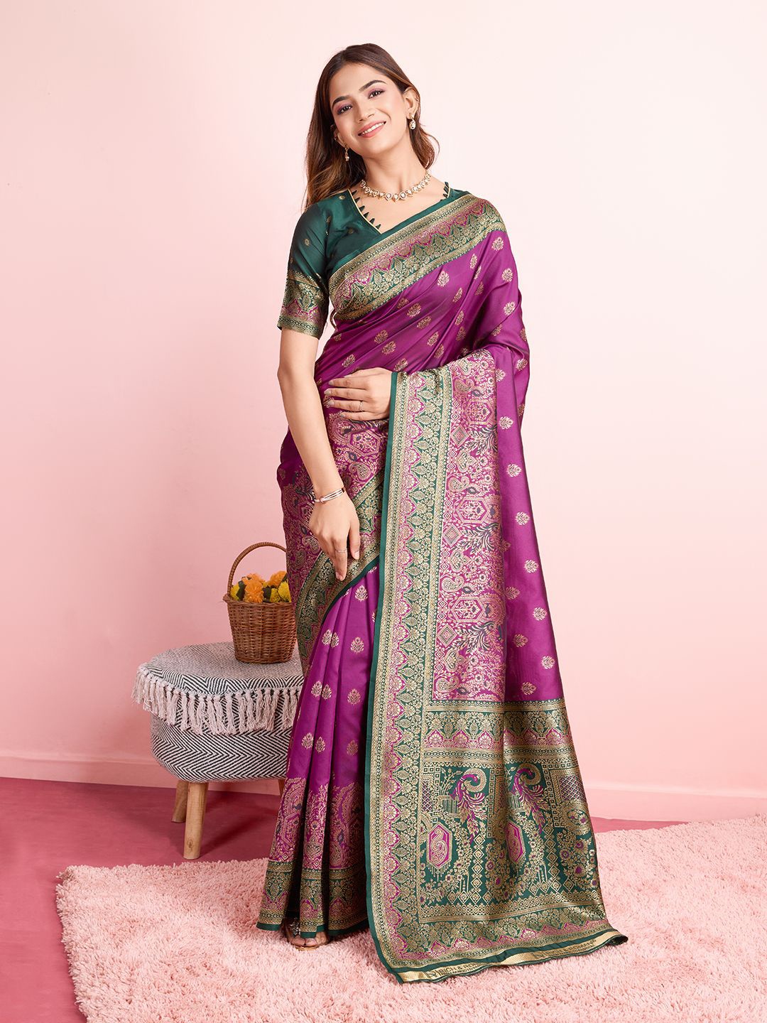 

RICH & ROMAN Ethnic Motifs Zari Pure Silk Banarasi Saree, Purple