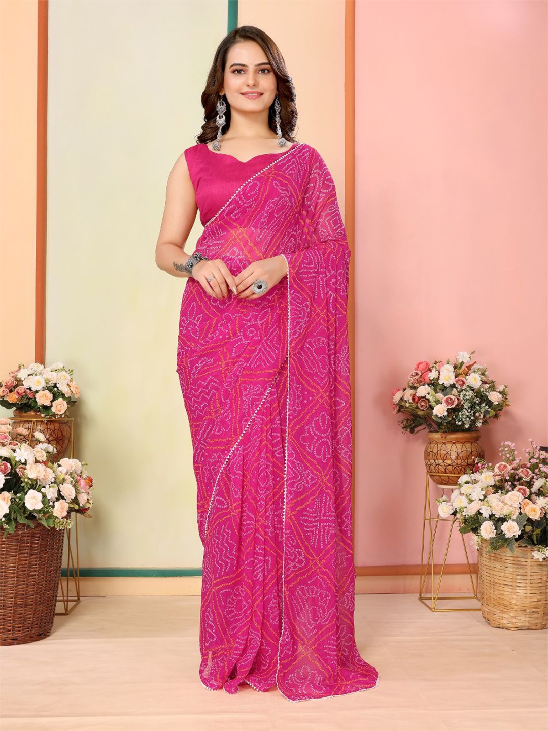 

VAIRAGEE Bandhani Ready to Wear Saree, Pink