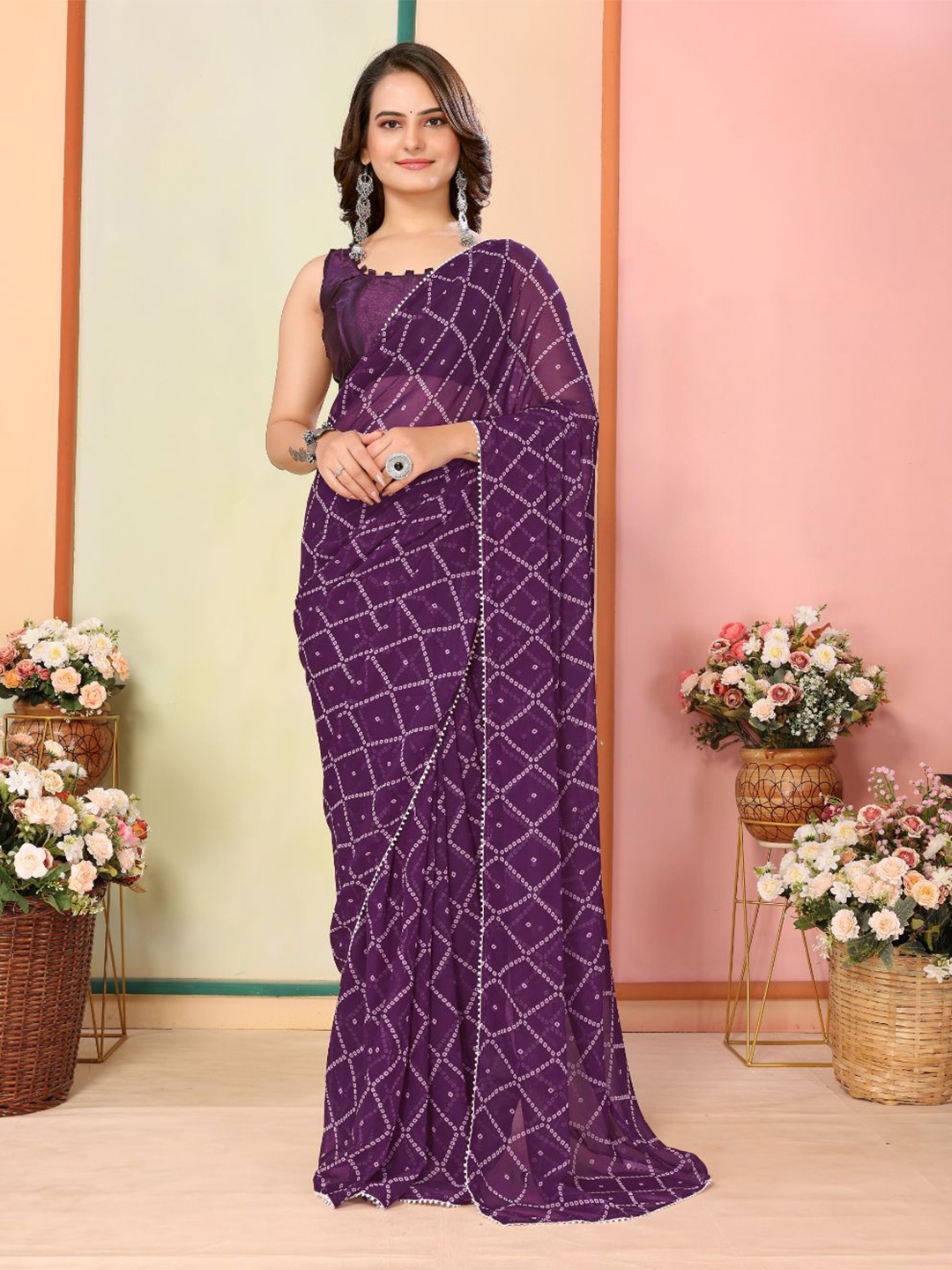 

VAIRAGEE Bandhani Ready to Wear Saree, Purple