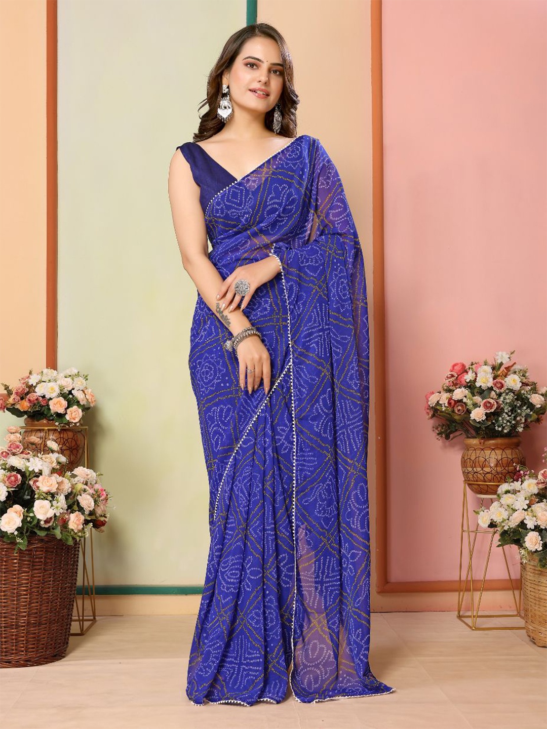 

VAIRAGEE Gota Patti work Ready to Wear Bandhni saree With Blouse, Blue