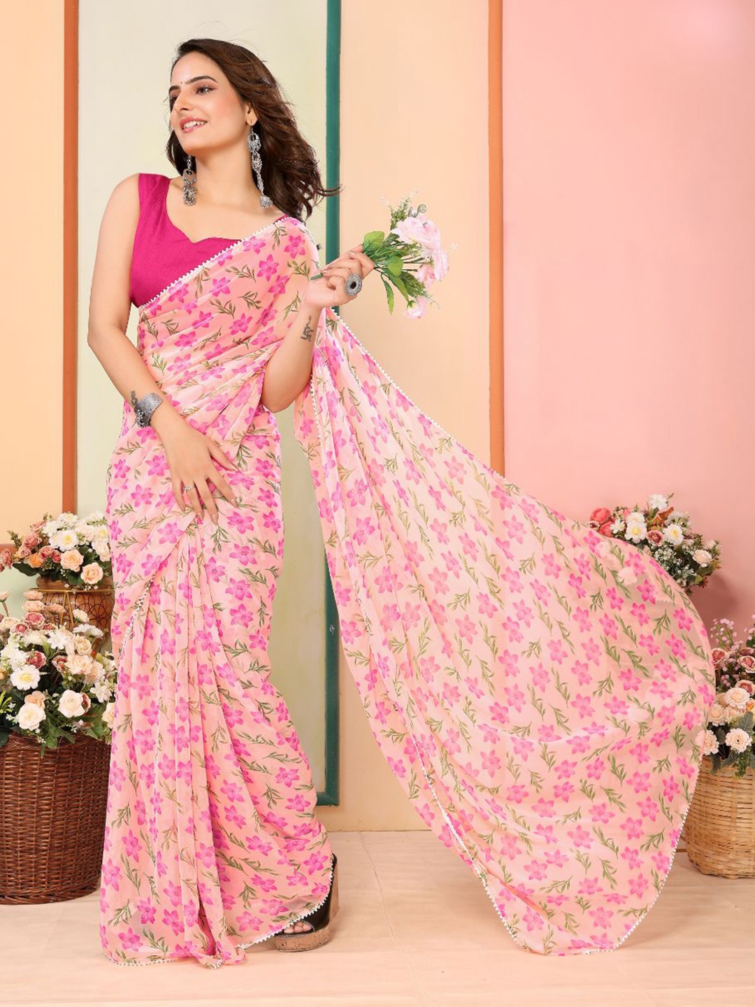 VAIRAGEE Floral Ready to Wear Saree, Pink
