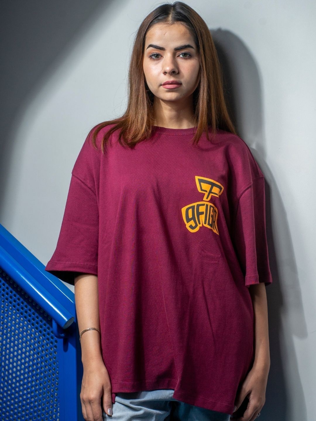 

9FIGR Unisex Round Neck Cotton Oversized T-shirt, Burgundy