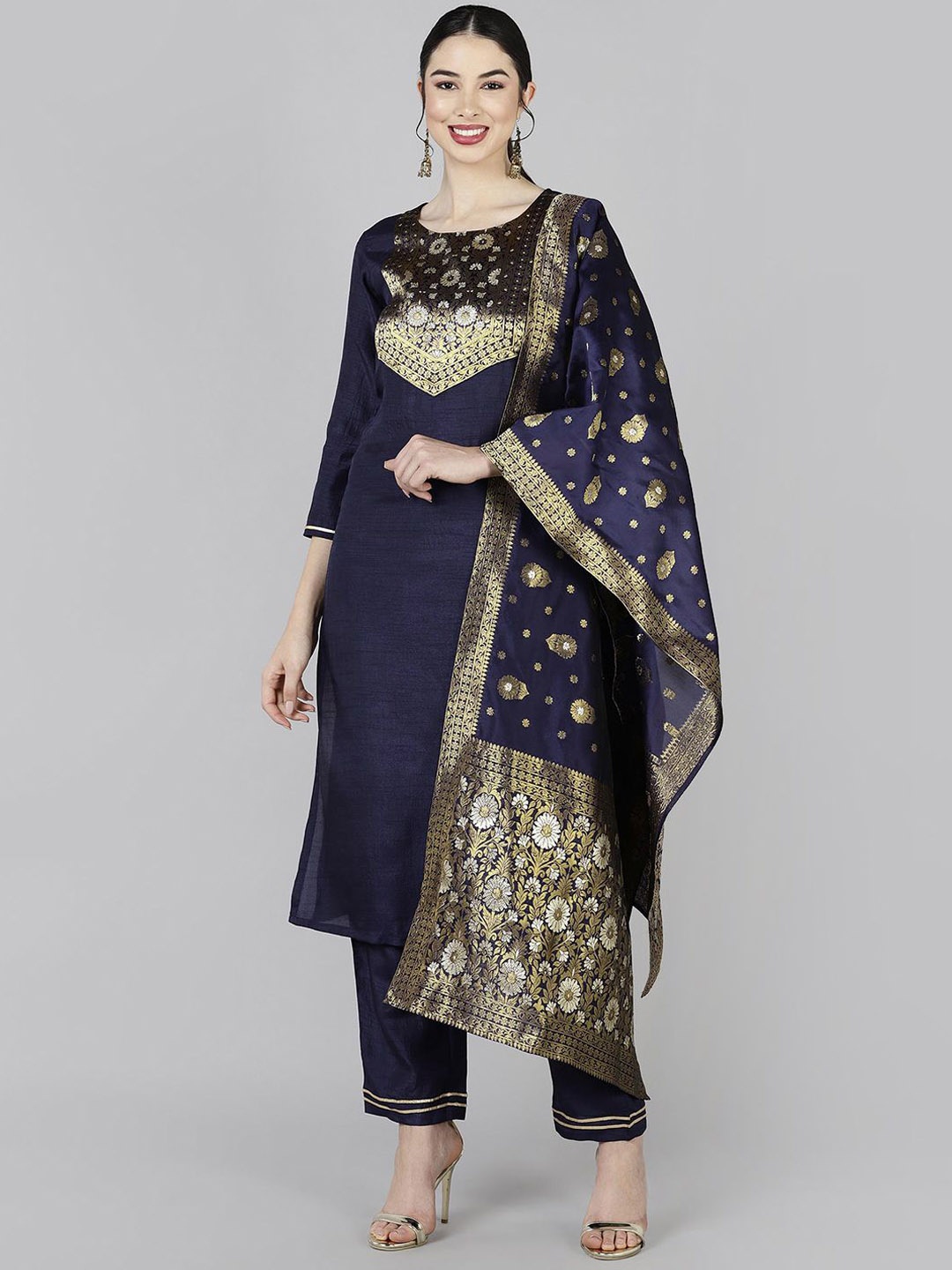 

KALINI Floral Yoke Design Straight Kurta with Trousers & Dupatta, Navy blue