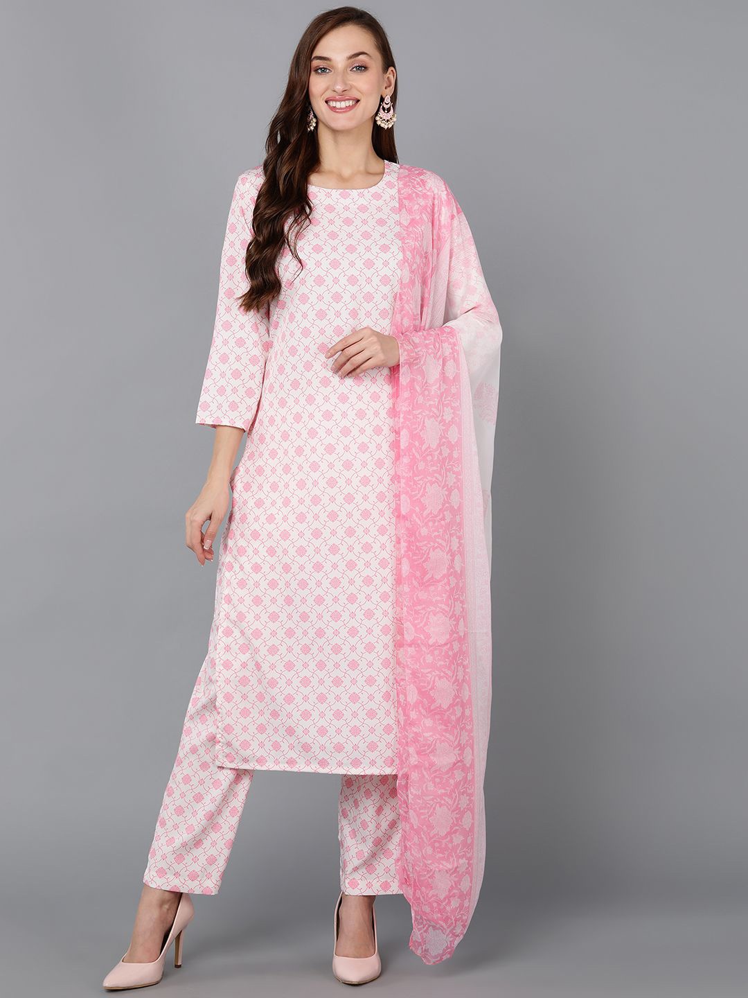 

KALINI Ethnic Motifs Printed Straight Kurta with Trousers & Dupatta, White