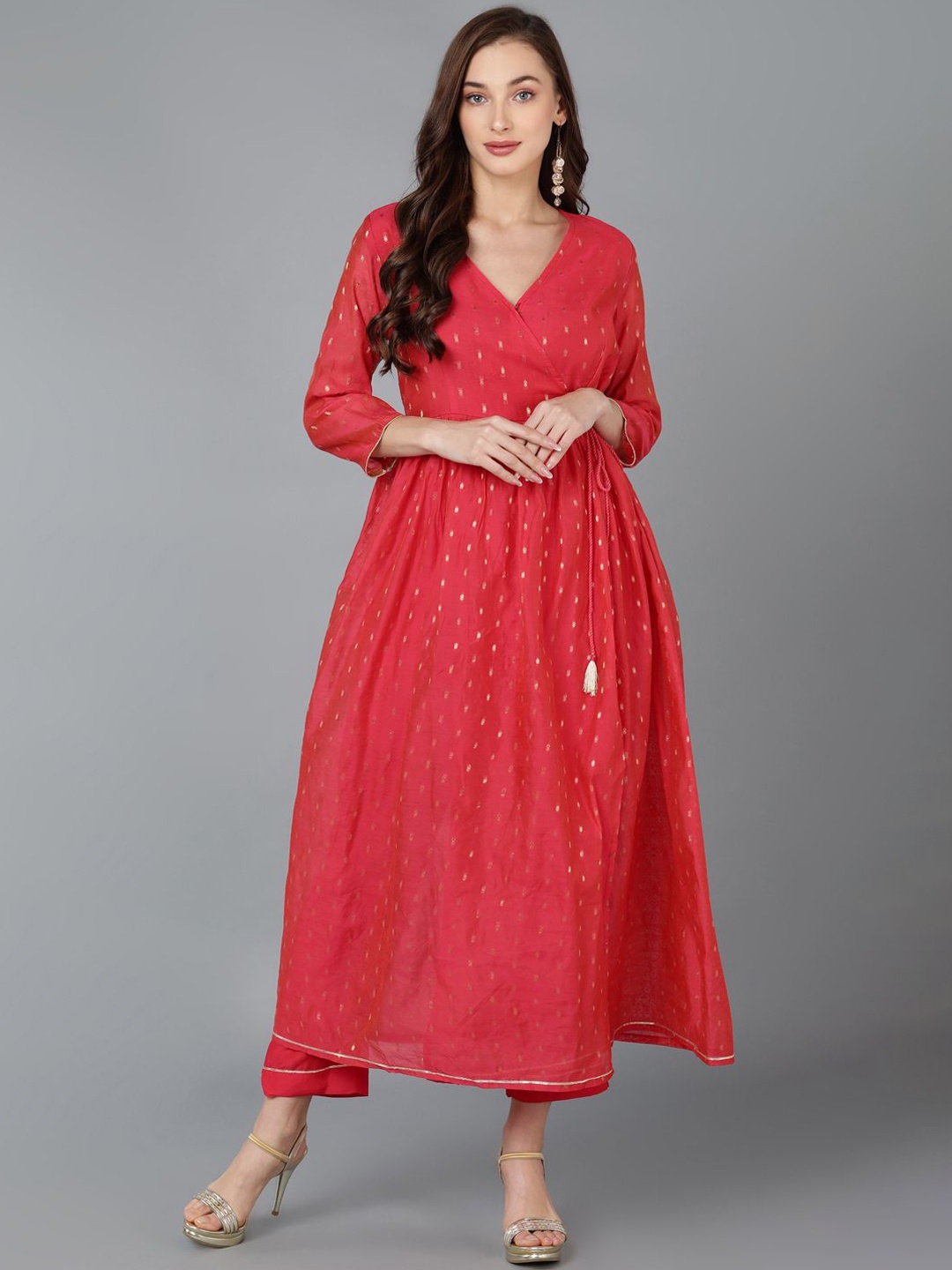 

KALINI Woven Design V-Neck Anarkali Kurta with Trousers, Coral